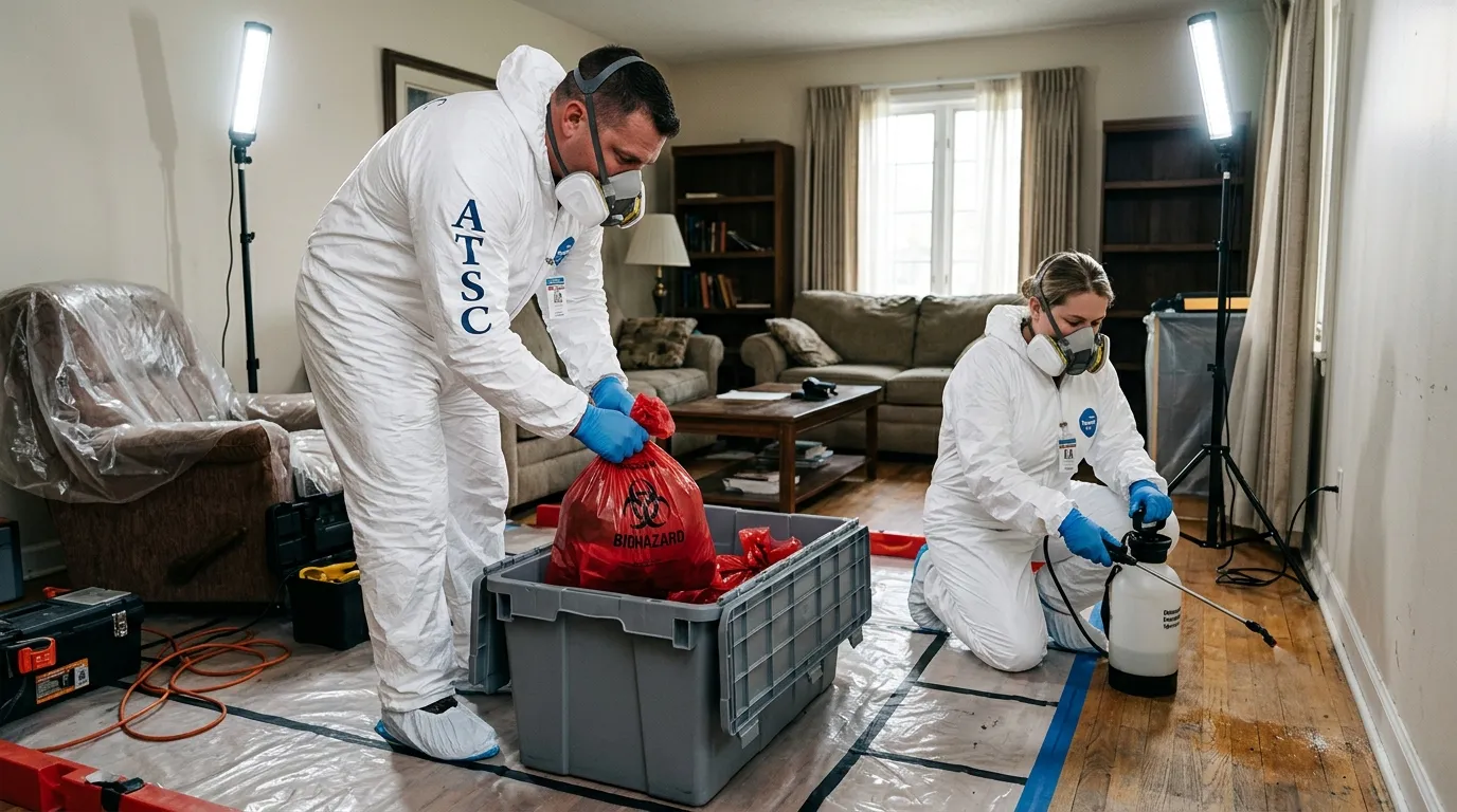 Professional Unattended Death Cleanup technician in full PPE working in Camp Verde